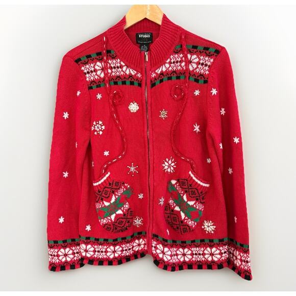 Vintage Design Originals Studio Joy Christmas Sweater Red Mittens Women's M - Picture 1 of 14